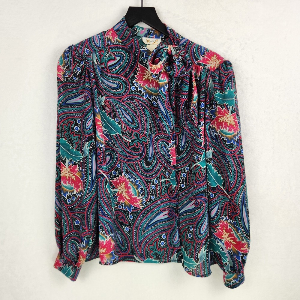 VTG Rhoda Lee Blouse Womens 12 Multicolor Paisley Floral Tie Neck Career